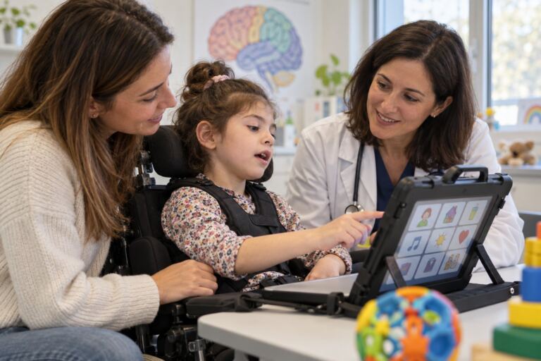 Niña usando una tableta de comunicación con apoyo familiar y neurológico