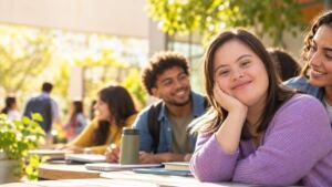 Personas diversas en un entorno educativo e inclusivo, con una joven adulta con síndrome de Down en primer plano.
