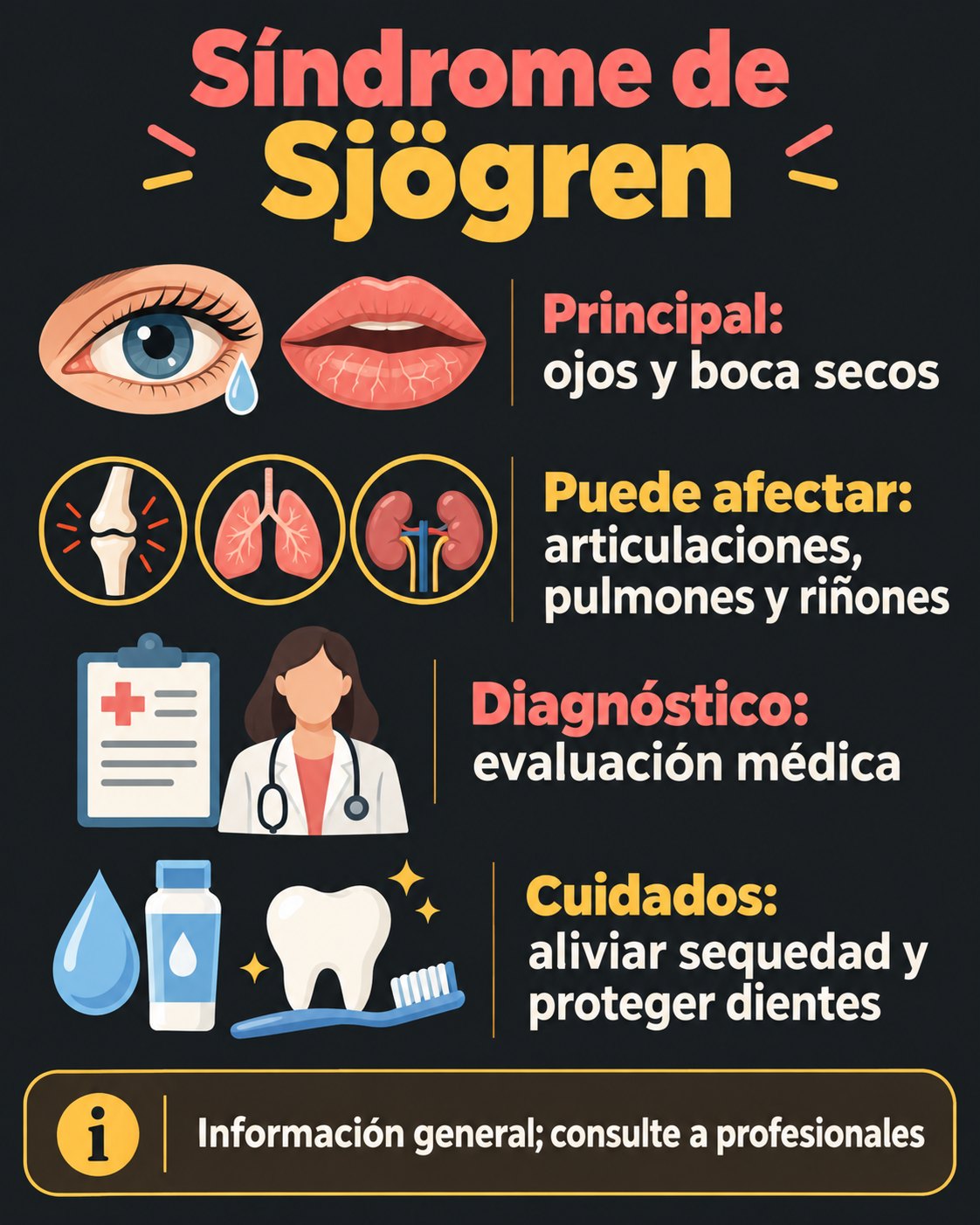 Síndrome de Sjögren: síntomas, diagnóstico y cuidados 2 Infografía sobre el síndrome de Sjögren, la sequedad ocular y bucal y sus cuidados
