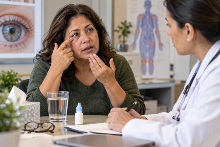 Mujer conversando con una reumatóloga sobre sequedad ocular y bucal