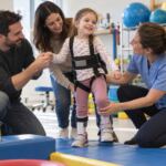 Niño practicando movimiento con sus padres y una fisioterapeuta