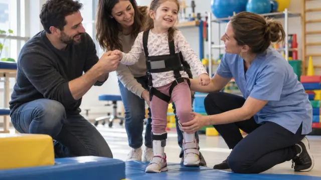 Atrofia muscular espinal: síntomas, diagnóstico y tratamiento 1 Niño practicando movimiento con sus padres y una fisioterapeuta