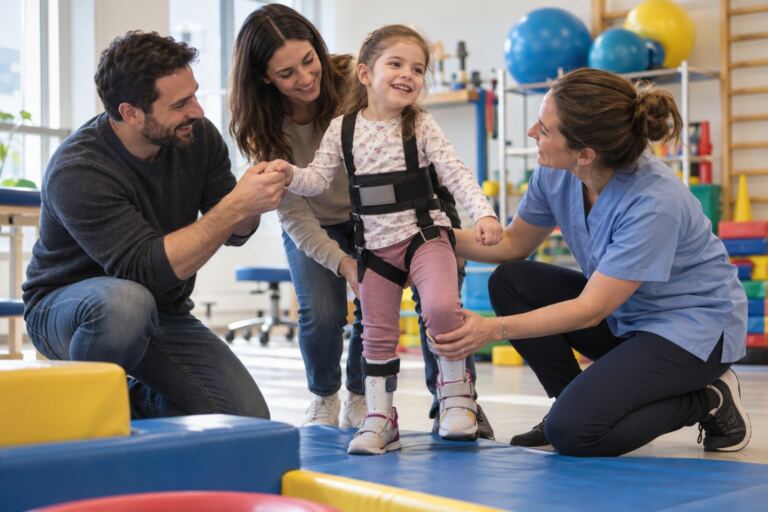 Niño practicando movimiento con sus padres y una fisioterapeuta