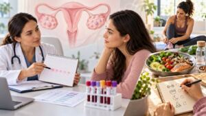 Consulta y análisis hormonal para ilustrar el síndrome de ovario poliquístico