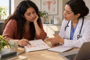 Mujer conversando con una ginecóloga mientras registra síntomas premenstruales