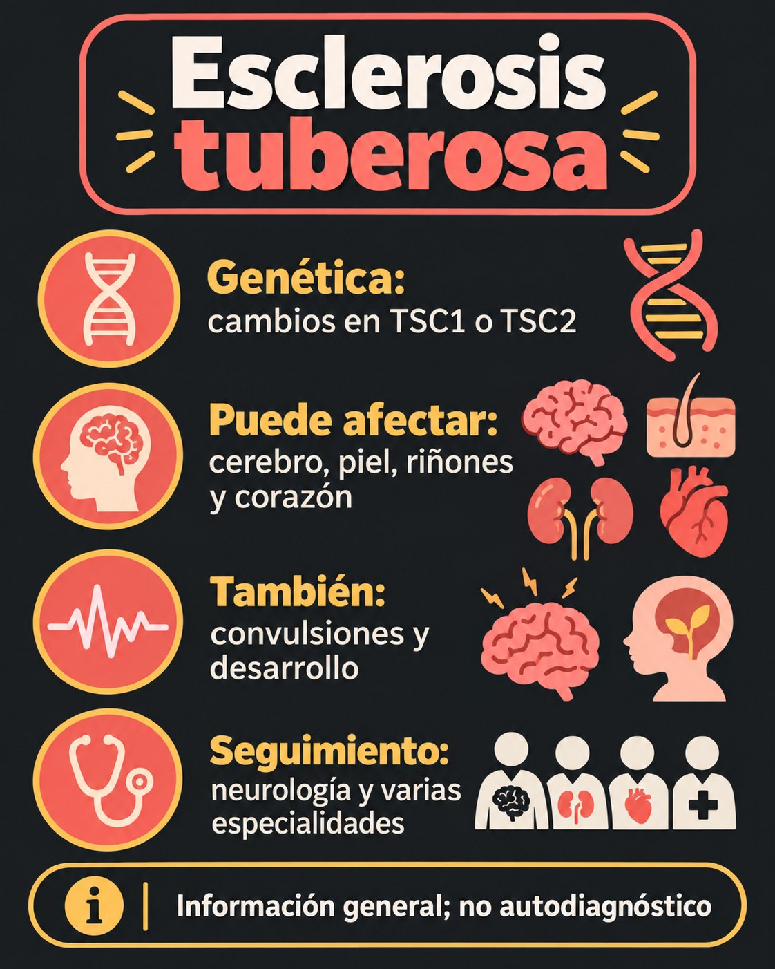 Infografía sobre esclerosis tuberosa, TSC1, TSC2, cerebro, piel, riñones y corazón