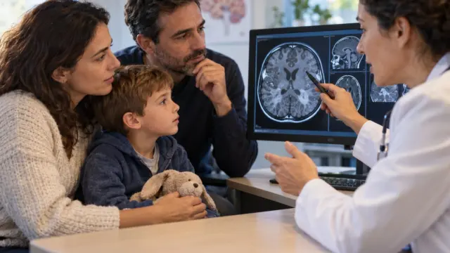 Niño con sus padres en consulta de neurología por esclerosis tuberosa