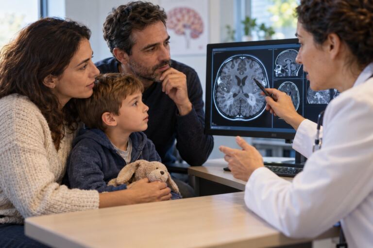 Niño con sus padres en consulta de neurología por esclerosis tuberosa