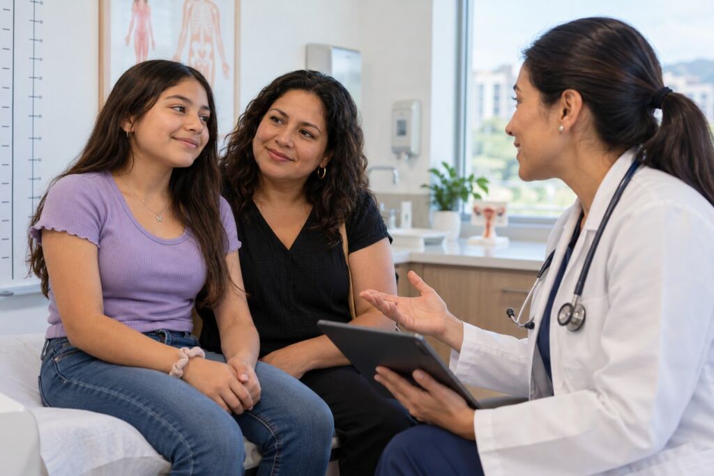 Adolescente y madre conversando con una endocrinóloga sobre el síndrome de Turner