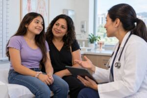 Adolescente y madre conversando con una endocrinóloga sobre el síndrome de Turner